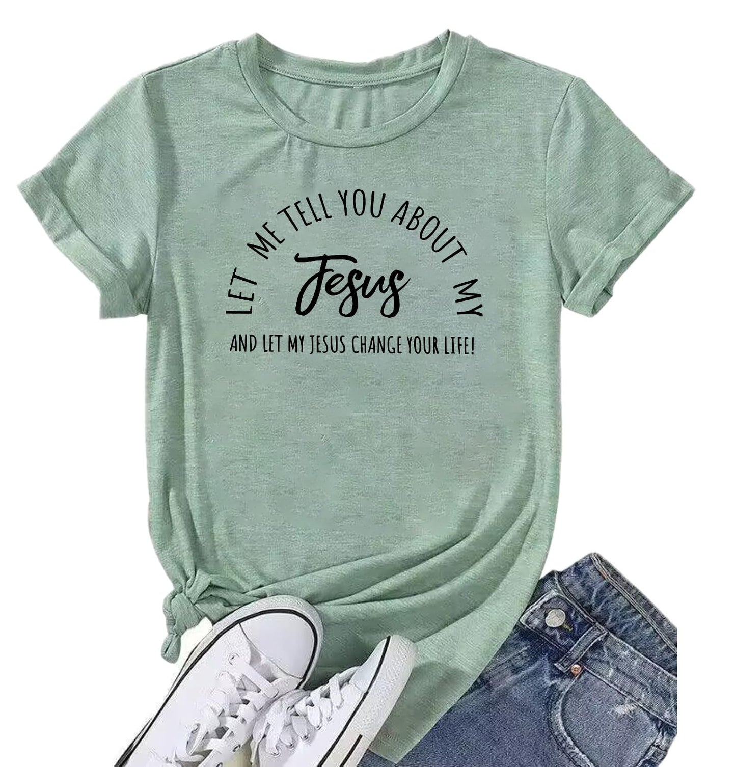 God Shirts for Women Novelty Jesus Graphic Print Religious Clothing Summer Comfy Short Sleeve Roundneck Christian Bible Verse Tee Tops(Pale Green L)