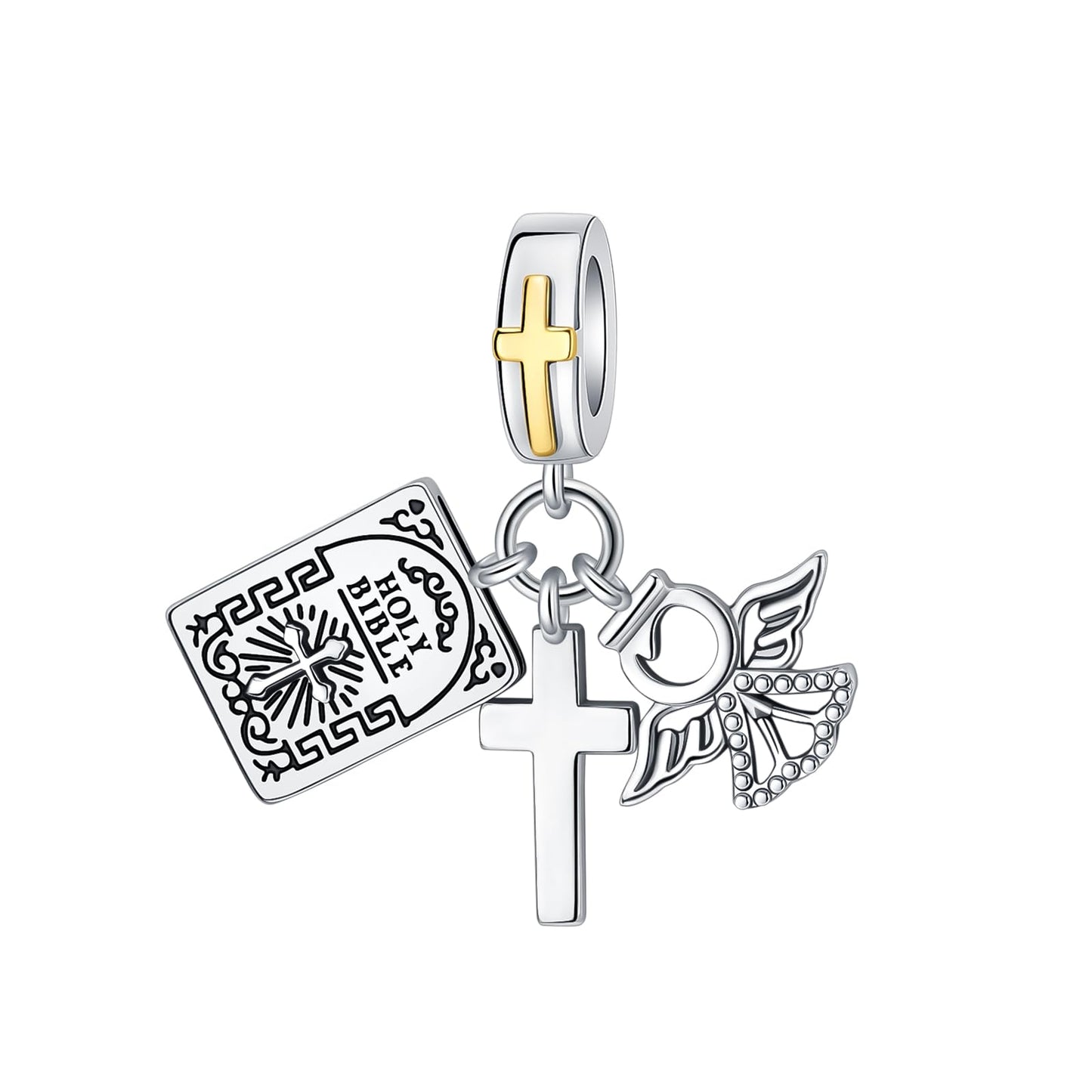 BIZK Bible Cross Angel Charm 925 Sterling Silver Charms for Bracelets and Necklaces for Birthday Valentines Day Fashion Jewelry for Women Friend and Mother