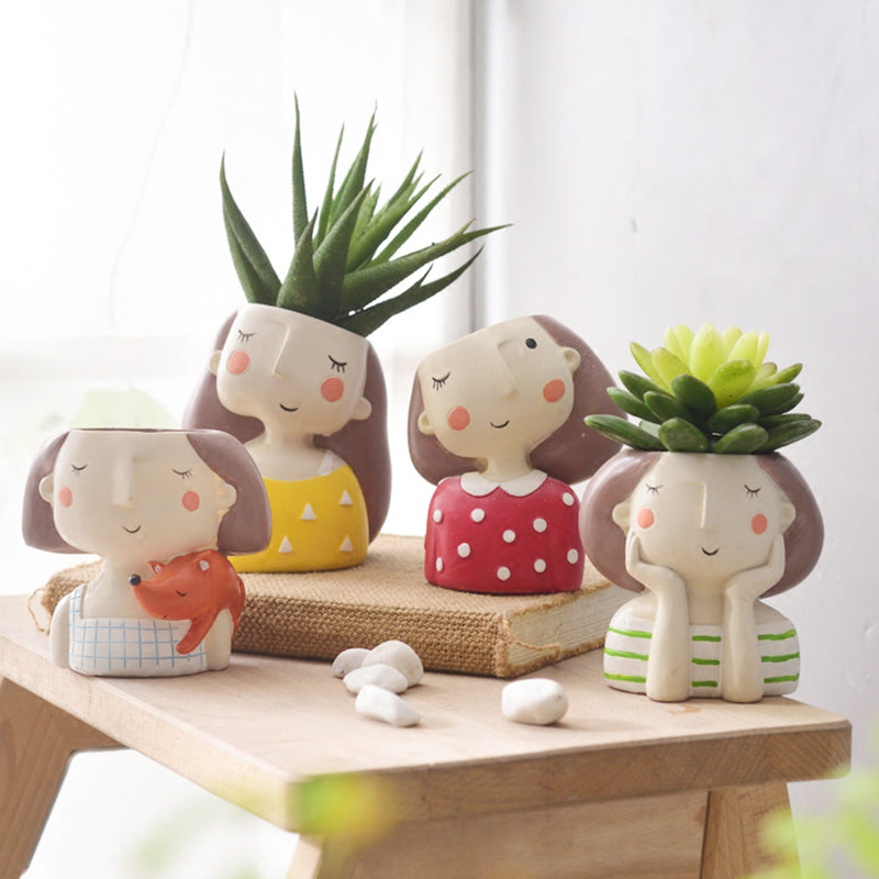Cartoon Girl Succulent Planter - Cute Home Decor