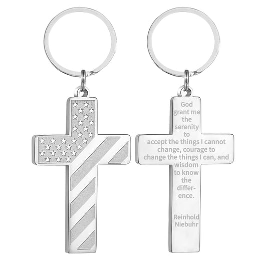 DuoDiner Kreuz-Schlüsselanhänger für Herren, Bibelvers, amerikanische Flagge, Herren-Schlüsselanhänger, Herren-Accessoires, Geschenk (Gelassenheitsgebet, Silber)