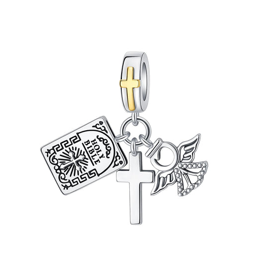 BIZK Bibel Kreuz Engel Anhänger 925 Sterling Silber Charms für Armbänder und Halsketten für Geburtstag Valentinstag Modeschmuck für Frauen Freundin und Mutter