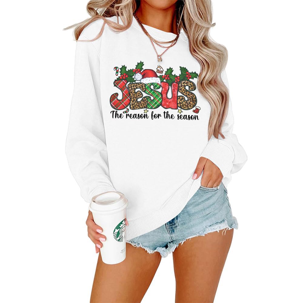 MOUSYA Jesus The Reason for The Season Shirt Women Christmas Sweatshirts Jesus Christmas Sweatshirt Holiday Graphic Shirts