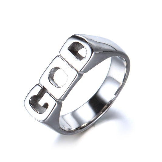 Einfacher Ring aus Edelstahl und Titan mit GOD-Schriftzug