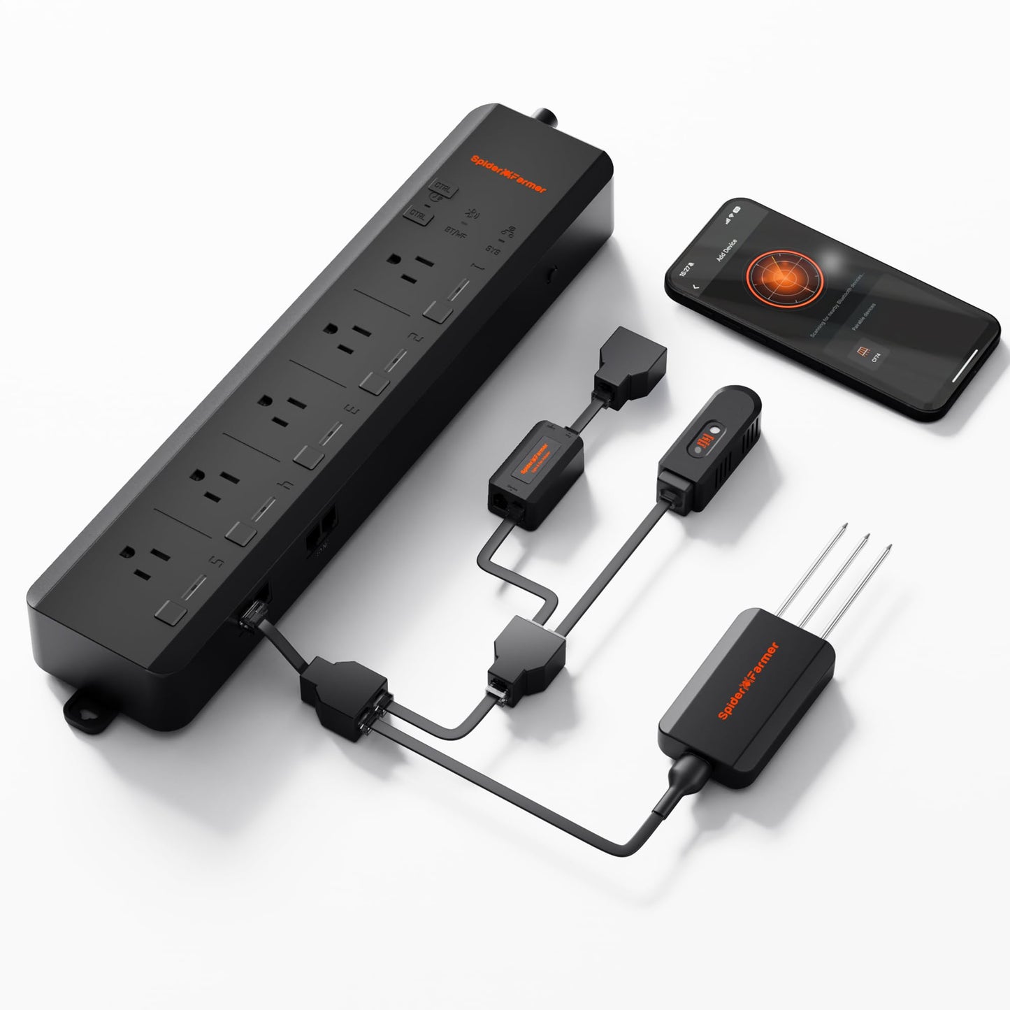 Spider Farmer GGS AC5 Power Strip Kits 5 AC Smart APP-Based Controls Outlets 3 in 1 Soil Sensor Temp Humid Light Sensor for Indoor Grow Tent and Room