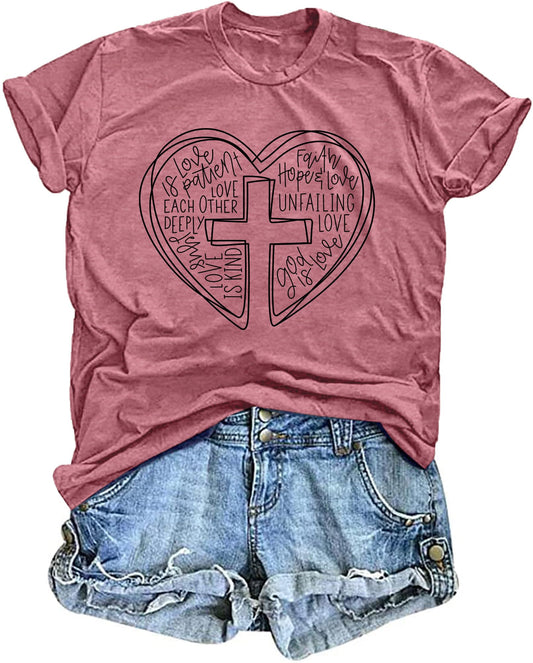 VVNTY Christliche Shirts für Damen: Herz Bibelvers T-Shirt Religiöses Kreuz Grafik-T-Shirt Jesus Glaubens Oberteile Rosa